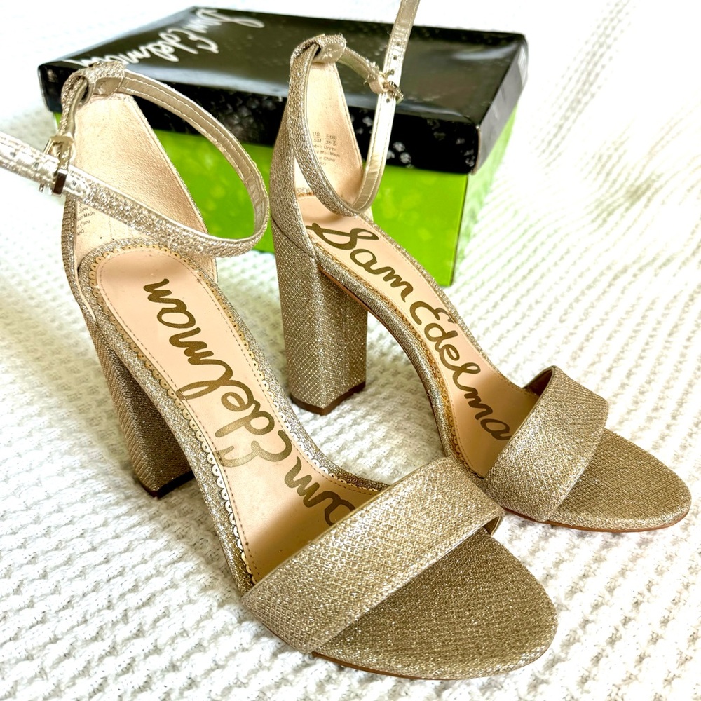 8.5 Sam Edelman Yaro Ankle Strap Hi-Chunk Heel - Gold Glitter